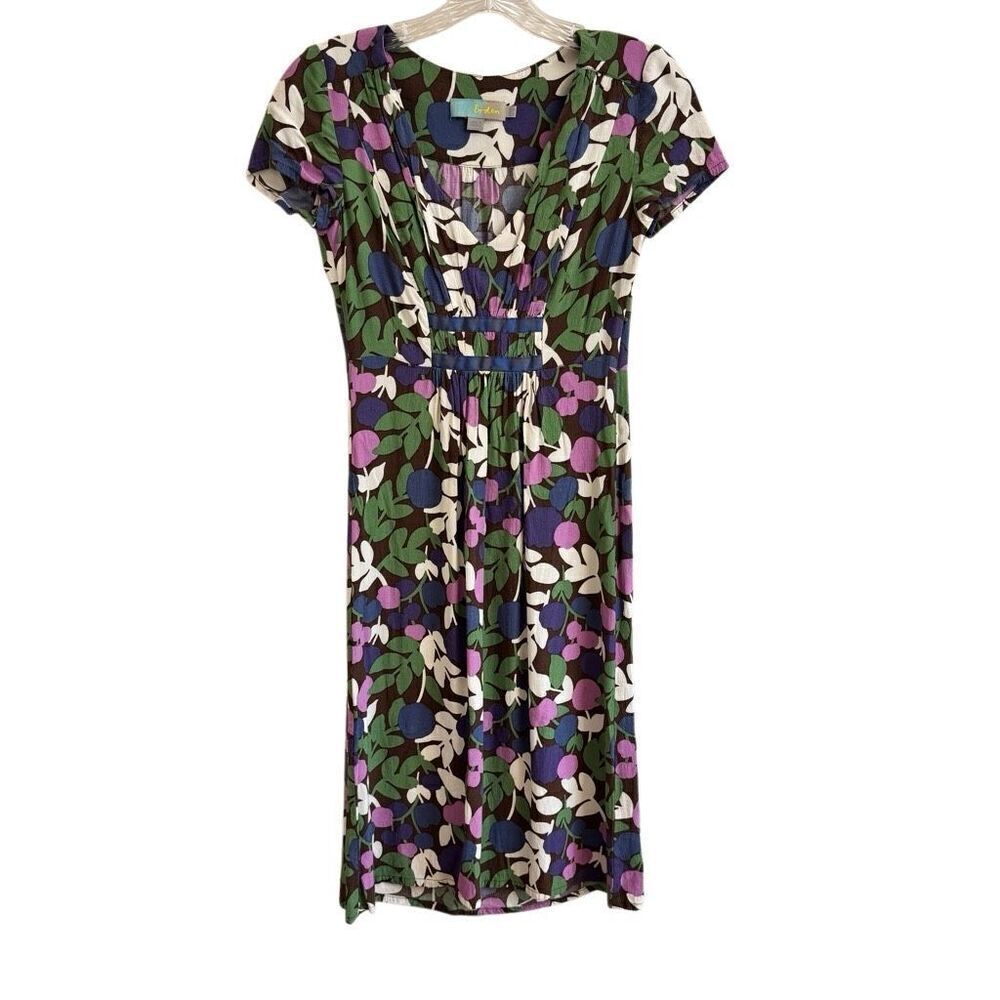 Boden Brown Floral Short Sleeve Dress Viscose Purple Blue Green Flowers Size 2